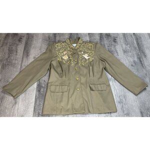 Vintage Together Jacket Womens 14 Tan Blazer Gold Brocade Trim Mock Lined 80s